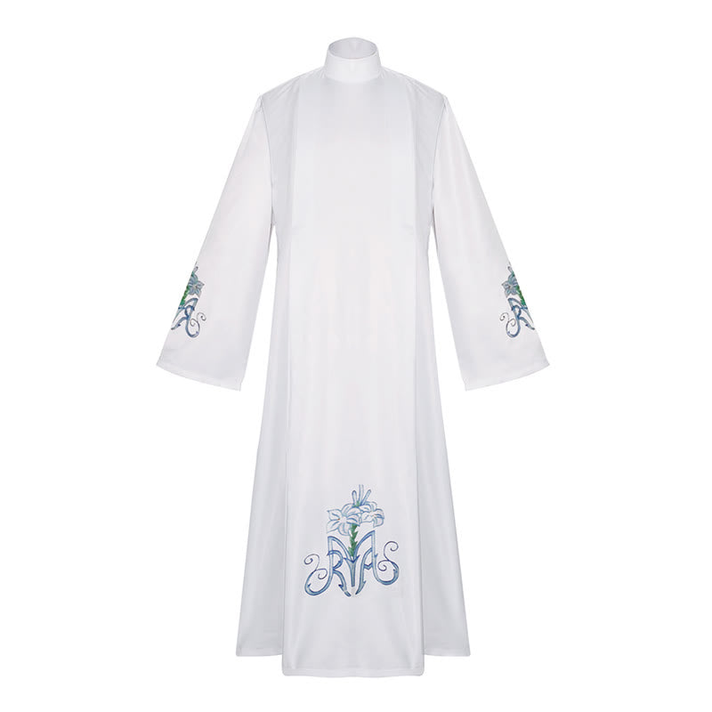 Christianartworkshop Graceful White High Neck Clergy Robe with Blue Lily Floral Design - image 3