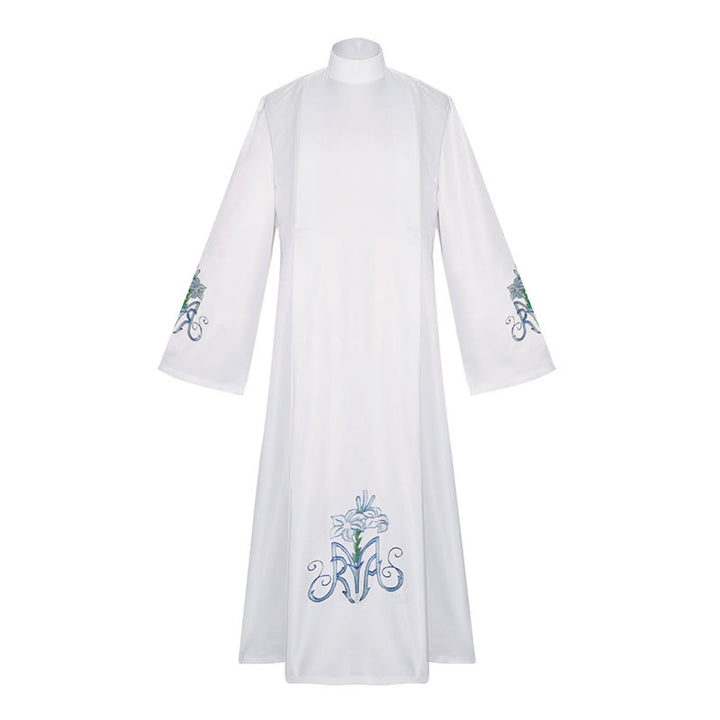 Christianartworkshop Graceful White High Neck Clergy Robe with Blue Lily Floral Design - image 3