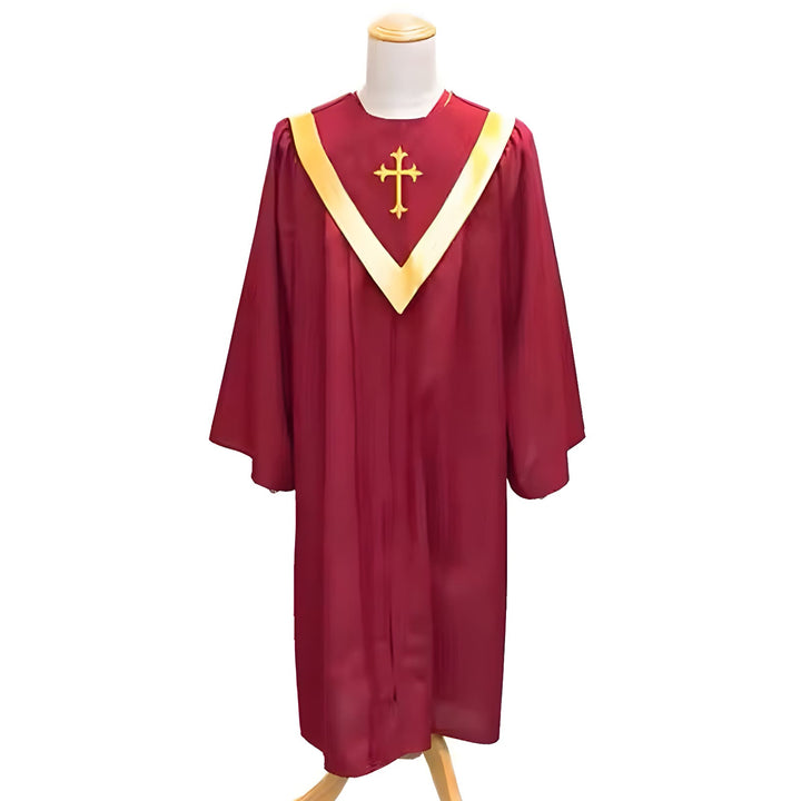 Christianartworkshop Traditional Burgundy Clergy Robe with Gold Cross & V Neck Trim - image 2