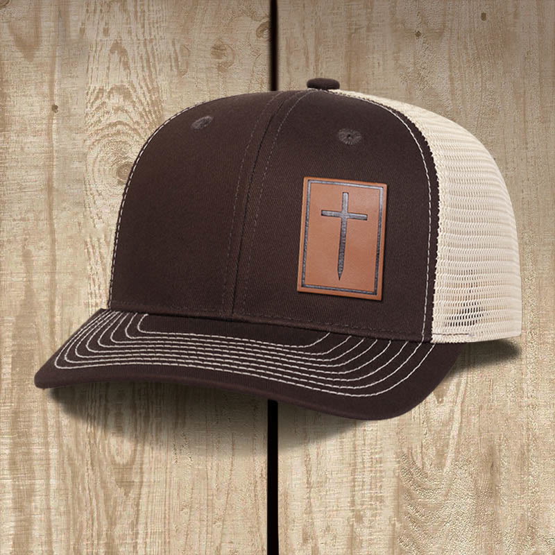 Christianartworkshop Faith Over Fear Nail Cross Leather Patch Faith Hat - Brown - image 5