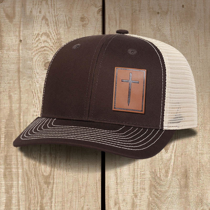 Christianartworkshop Faith Over Fear Nail Cross Leather Patch Faith Hat - Brown - image 5