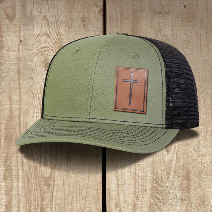Christianartworkshop Faith Over Fear Nail Cross Leather Patch Faith Hat - Army Green - image 6