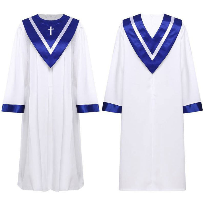 Christianartworkshop Classic White Clergy Robe with Contrast V-Neck & Cross Detailing - Blue - 3XL - image 4