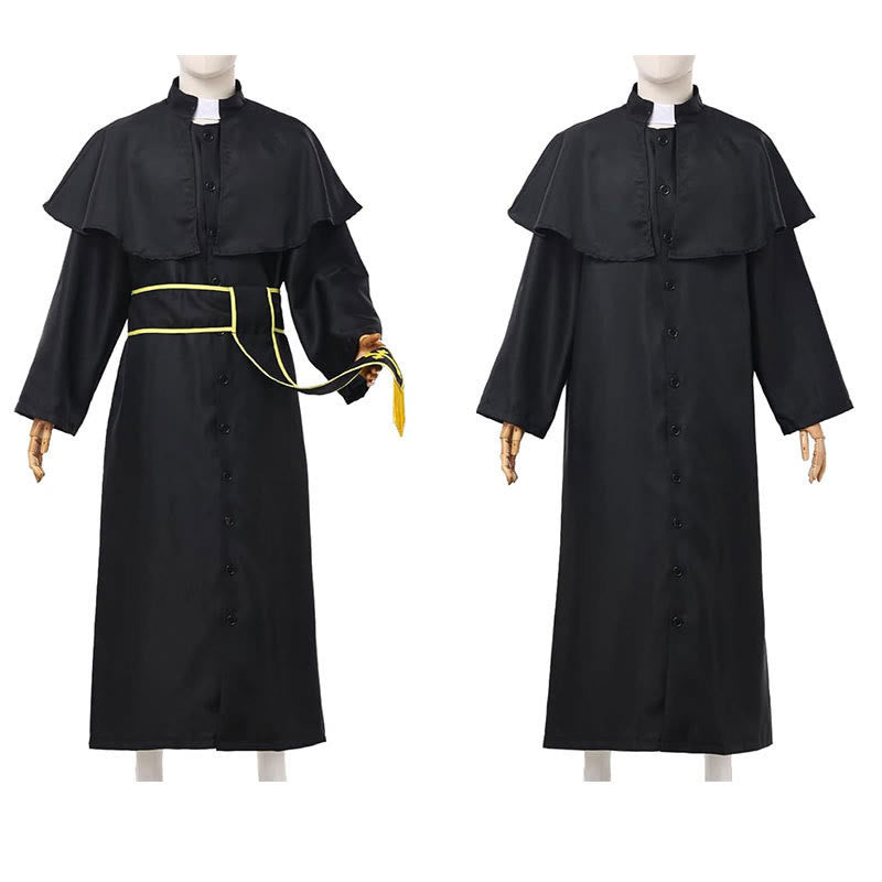 Christianartworkshop Medieval Style Black Clergy Robe with Cross Tassel Belt and Shawl Collar - image 2