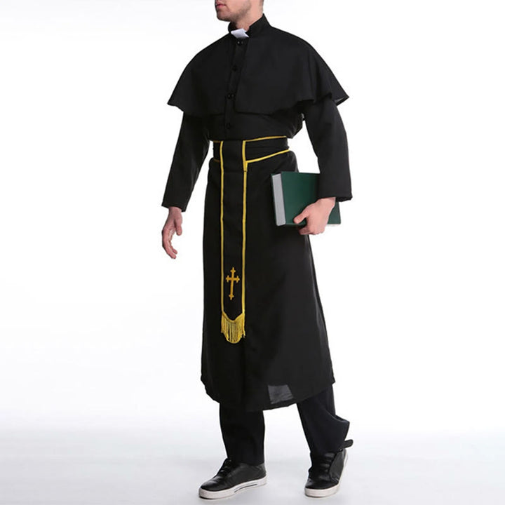 Christianartworkshop Medieval Style Black Clergy Robe with Cross Tassel Belt and Shawl Collar - image 5