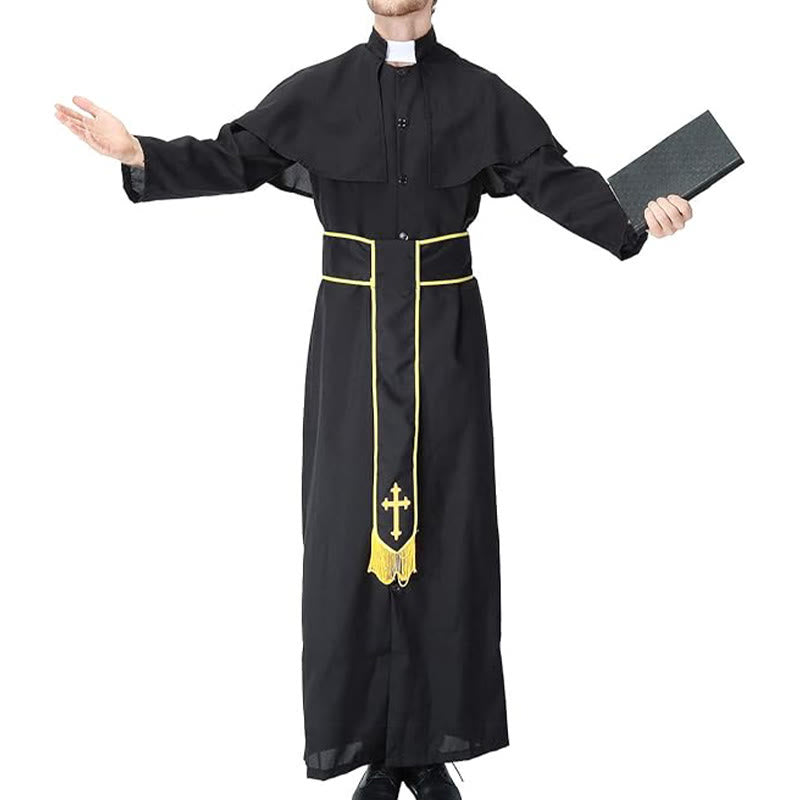 Christianartworkshop Medieval Style Black Clergy Robe with Cross Tassel Belt and Shawl Collar - image 3