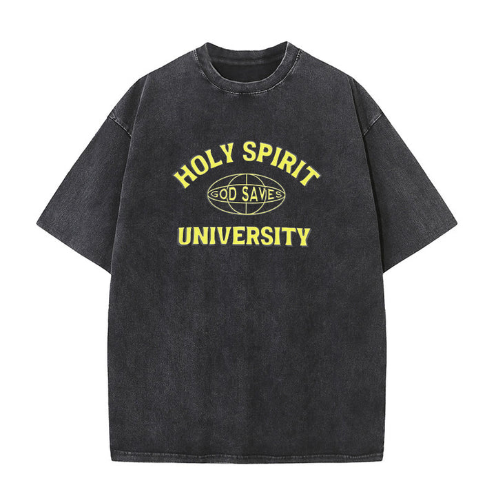 Christianartworkshop Holy Spirit University God Saves Unisex Washed T - Shirt - Black - 5XL - image 0