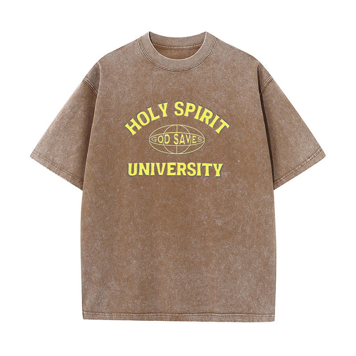 Christianartworkshop Holy Spirit University God Saves Unisex Washed T - Shirt - Coffee - 5XL - image 8
