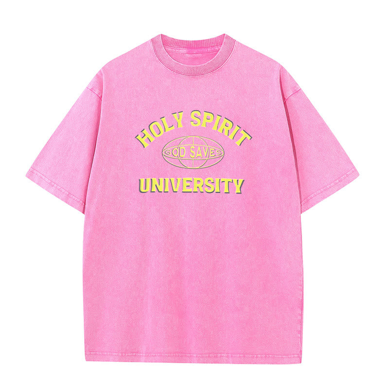 Christianartworkshop Holy Spirit University God Saves Unisex Washed T - Shirt - Pink - 5XL - image 6