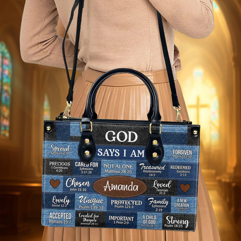 Christianartworkshop Blue & Brown Patchwork Pattern Personalized Leather Handbag with Scripture Quotes - image 2