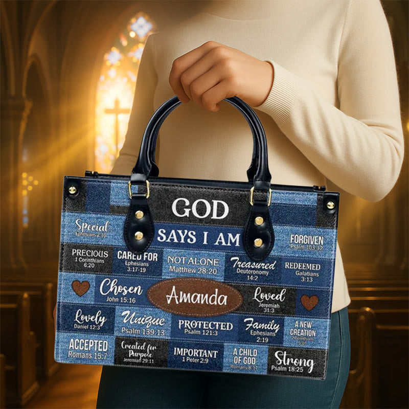 Christianartworkshop Blue & Brown Patchwork Pattern Personalized Leather Handbag with Scripture Quotes - image 1