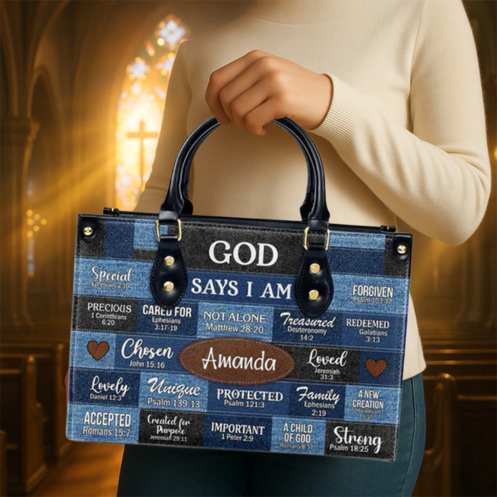 Christianartworkshop Blue & Brown Patchwork Pattern Personalized Leather Handbag with Scripture Quotes - image 1