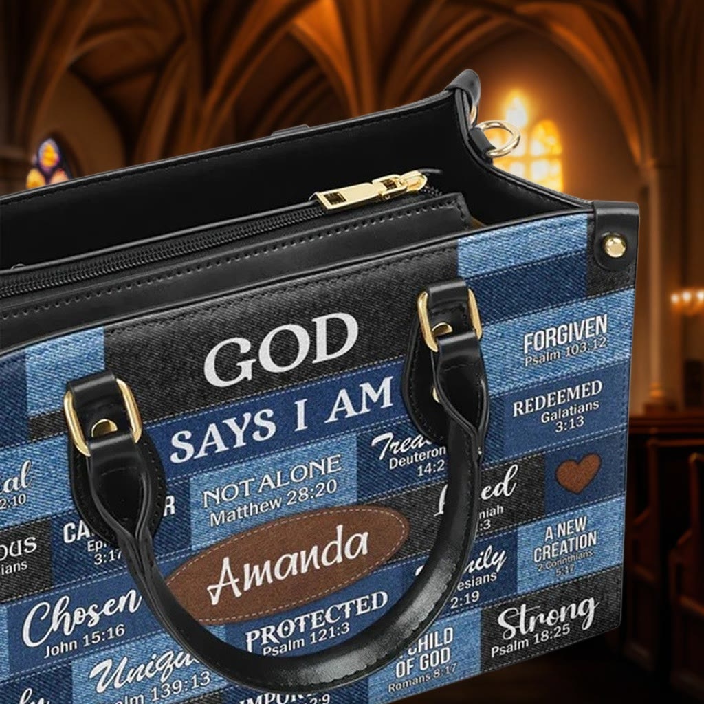 Christianartworkshop Blue & Brown Patchwork Pattern Personalized Leather Handbag with Scripture Quotes - image 7