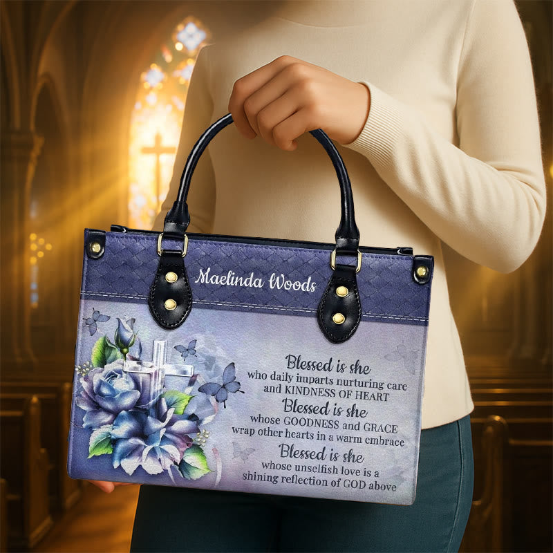 Christianartworkshop Graceful Scripture Blessed is She Personalized Leather Handbag in Violet Blue Tones - image 1