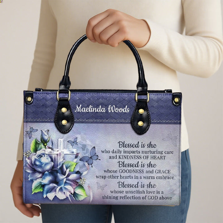 Christianartworkshop Graceful Scripture Blessed is She Personalized Leather Handbag in Violet Blue Tones - image 3