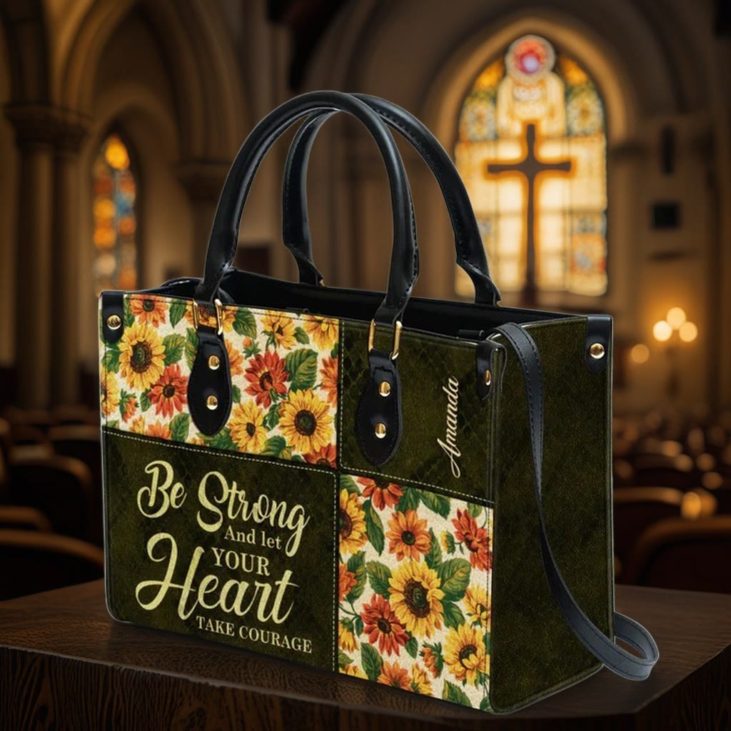Christianartworkshop Patchwork Personalized Leather Handbag with Sunflowers & Inspirational Quote - image 4