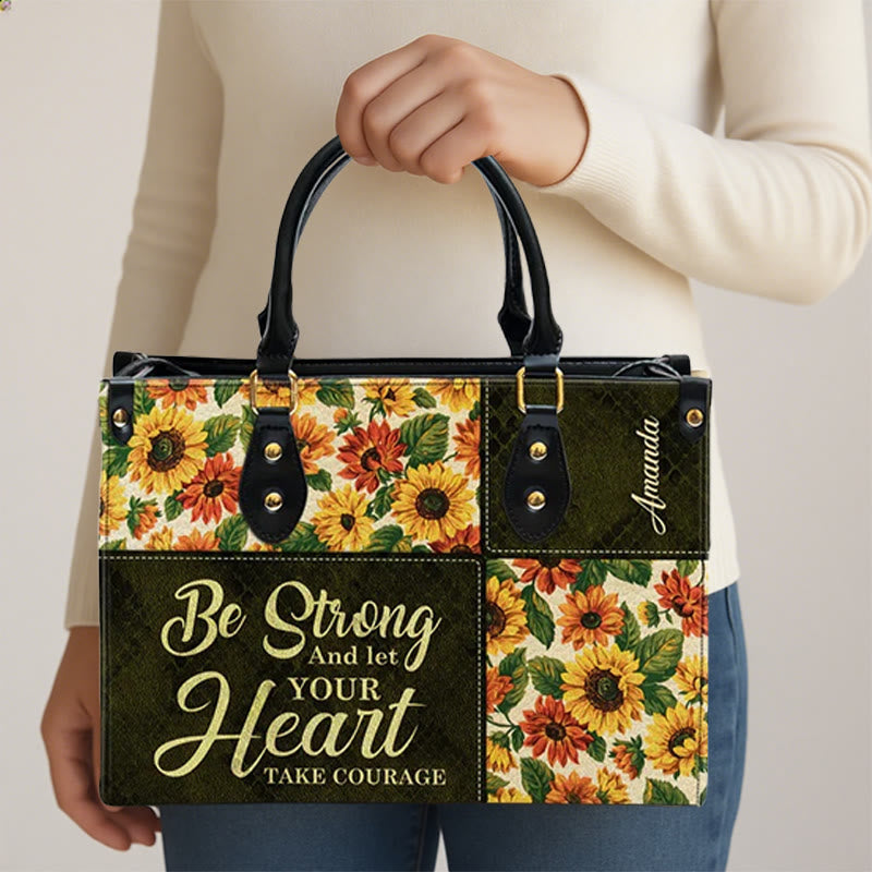 Christianartworkshop Patchwork Personalized Leather Handbag with Sunflowers & Inspirational Quote - image 2