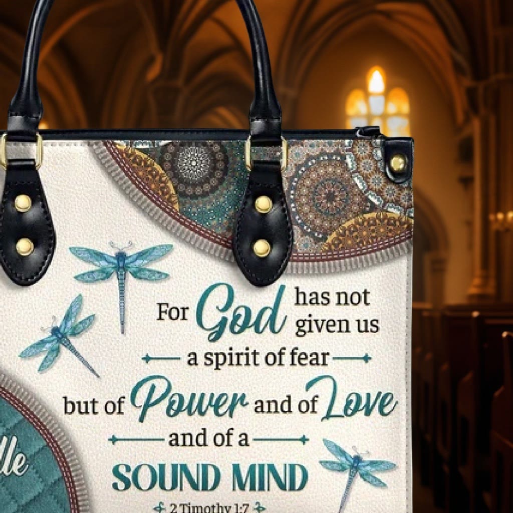 Christianartworkshop Faith & Nature Personalized Leather Handbag: Cross, Dragonflies & Bible Verse - image 8