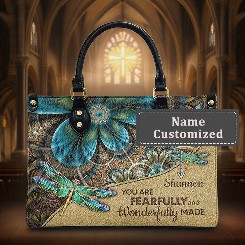 Christianartworkshop Floral Dragonfly Personalized Leather Handbag with Scripture Quote - XL - Name Customized - image 4