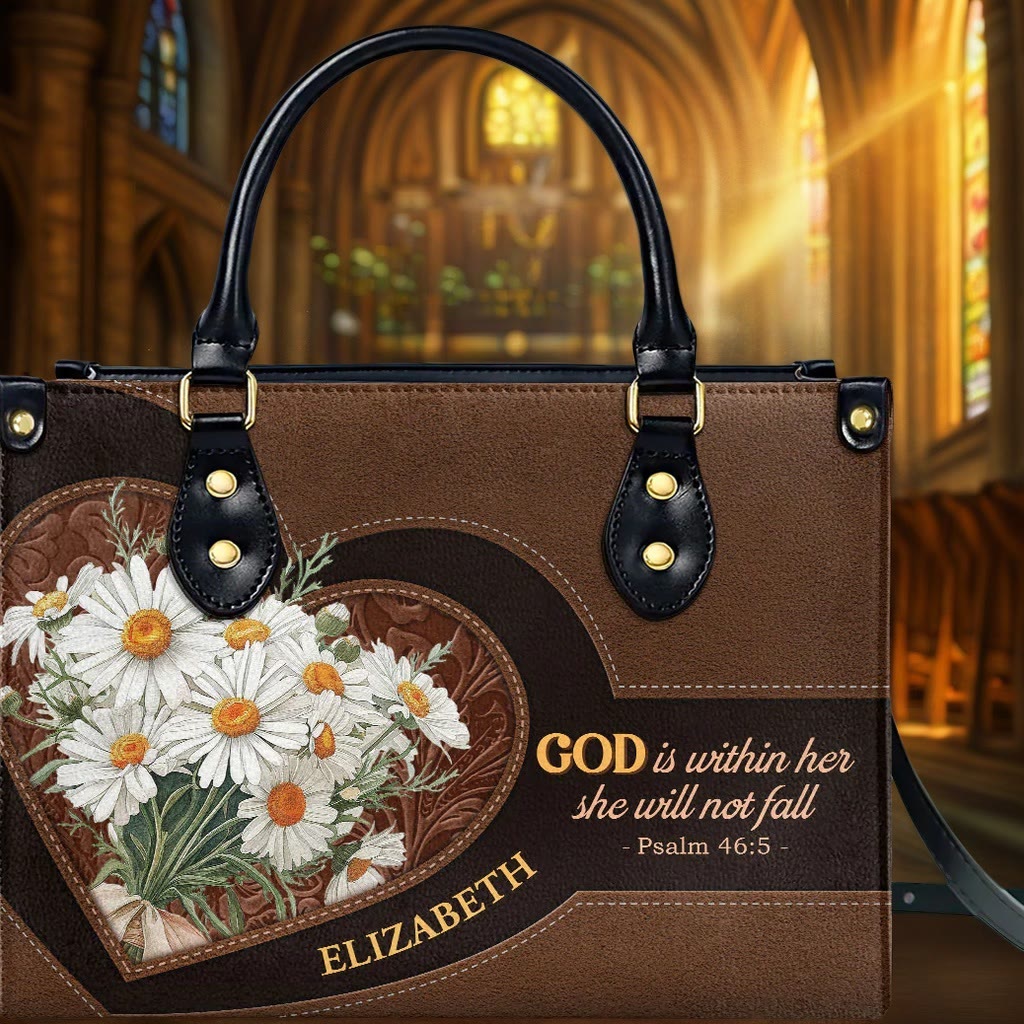 Christianartworkshop Psalm 46:5 Inspired Personalized Leather Handbag with Daisies & Heart Design - image 2