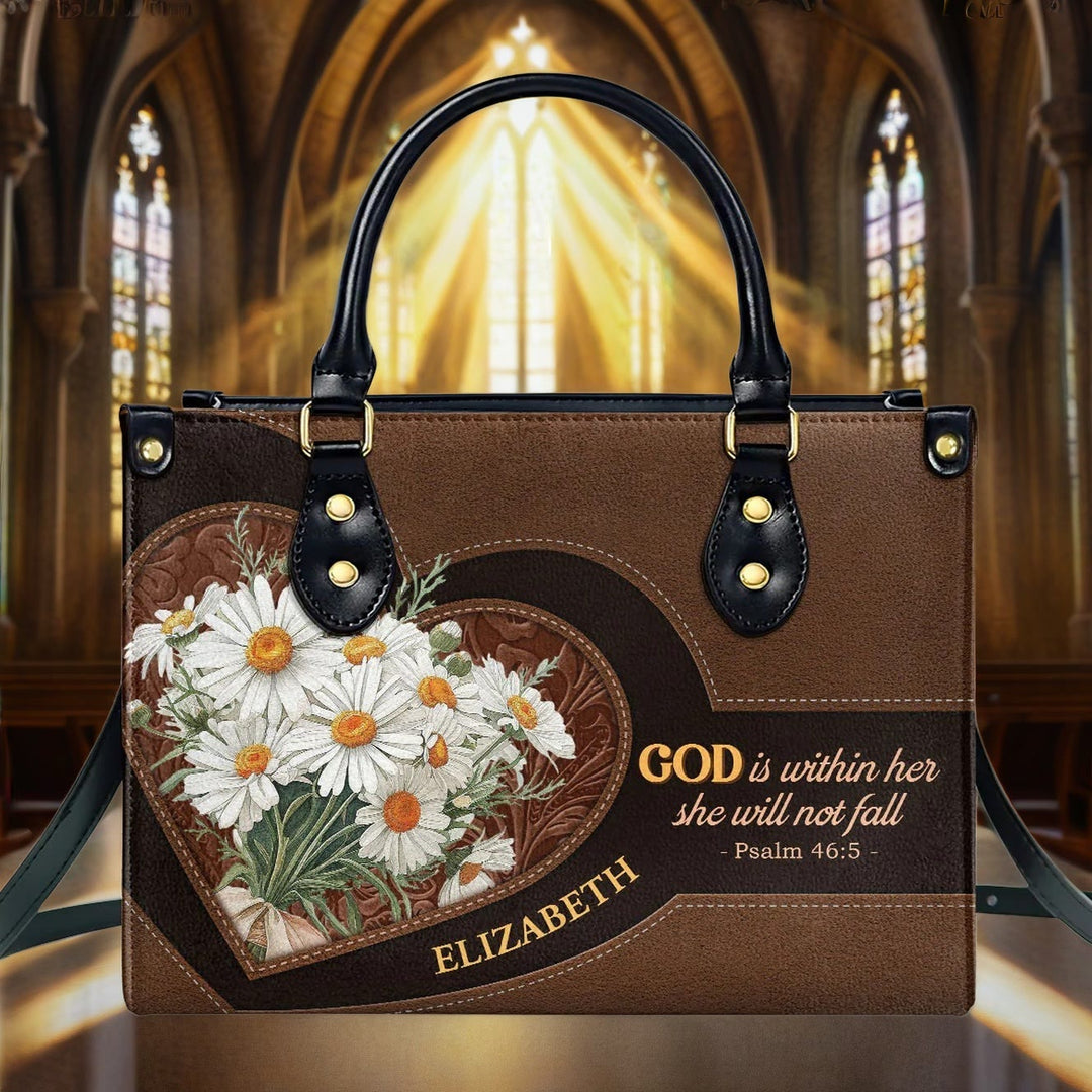 Christianartworkshop Psalm 46:5 Inspired Personalized Leather Handbag with Daisies & Heart Design - image 1