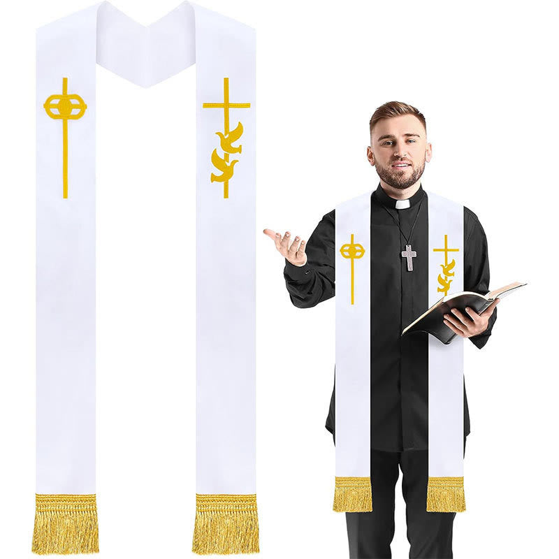 Christianartworkshop Pure White Liturgical Stole with Golden Cross and Holy Spirit Dove - White - image 0