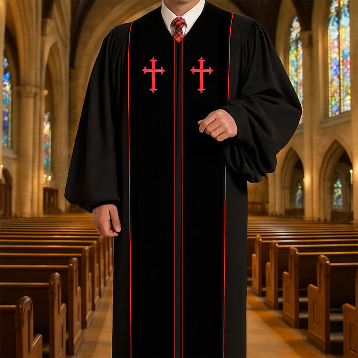 Christianartworkshop Traditional Black Clergy Robe with Red Cross Embroidery & Formal Design - Black - 3XL - image 0