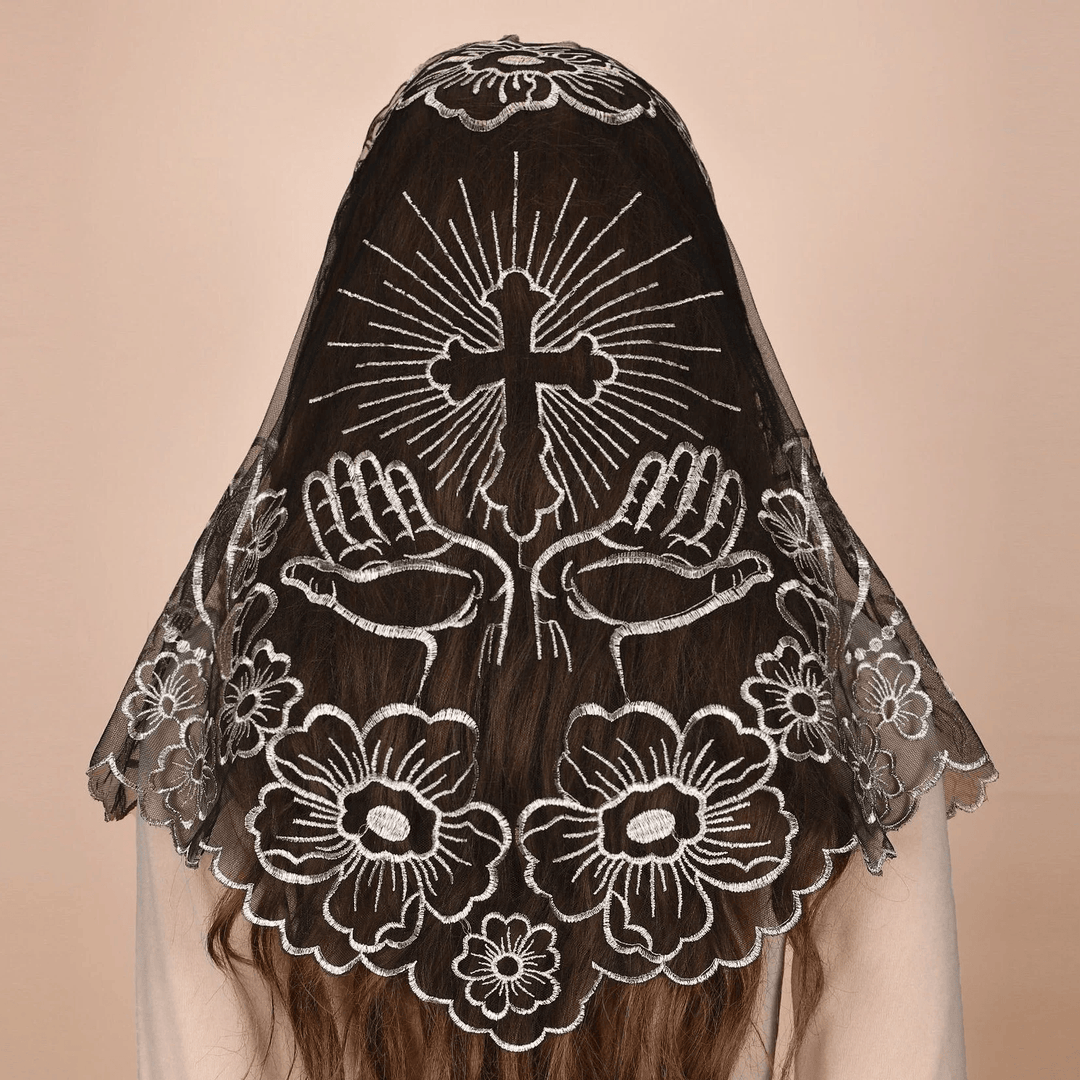 Christianartworkshop Elegant Blessed Lace Chapel Veil with Cross and Praying Hands - Black Silver - image 0