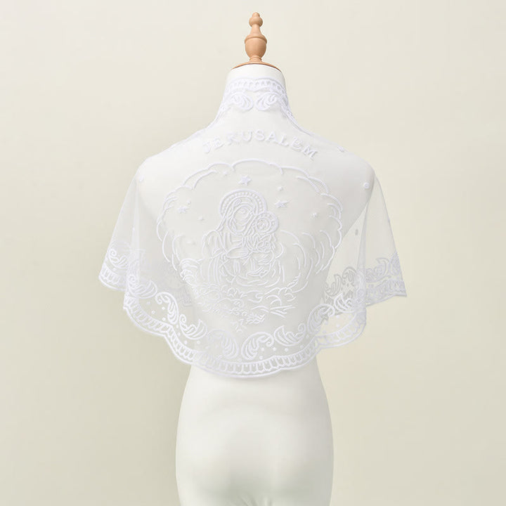 Christianartworkshop Black and White Lace Chapel Veil with Virgin Mary and Jerusalem Embroidery - image 5