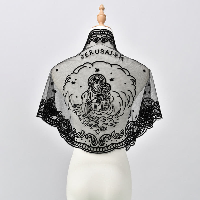 Christianartworkshop Black and White Lace Chapel Veil with Virgin Mary and Jerusalem Embroidery - image 1