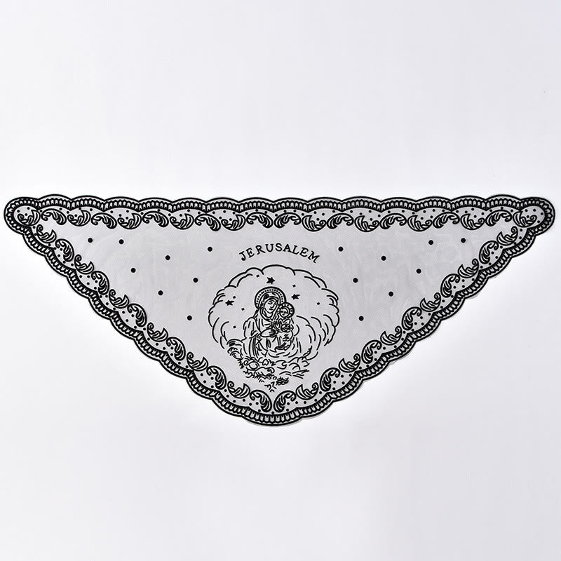 Christianartworkshop Black and White Lace Chapel Veil with Virgin Mary and Jerusalem Embroidery - image 3