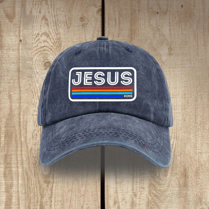 Christianartworkshop Urban Faith JESUS Graphic with Rainbow Unisex Distressed Washed Cotton Hat - Navy Blue - image 6