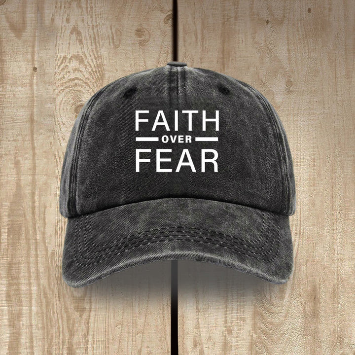 Christianartworkshop Minimalist Bold Statement Faith Over Fear Unisex Distressed Washed Cotton Hat - Black - image 2