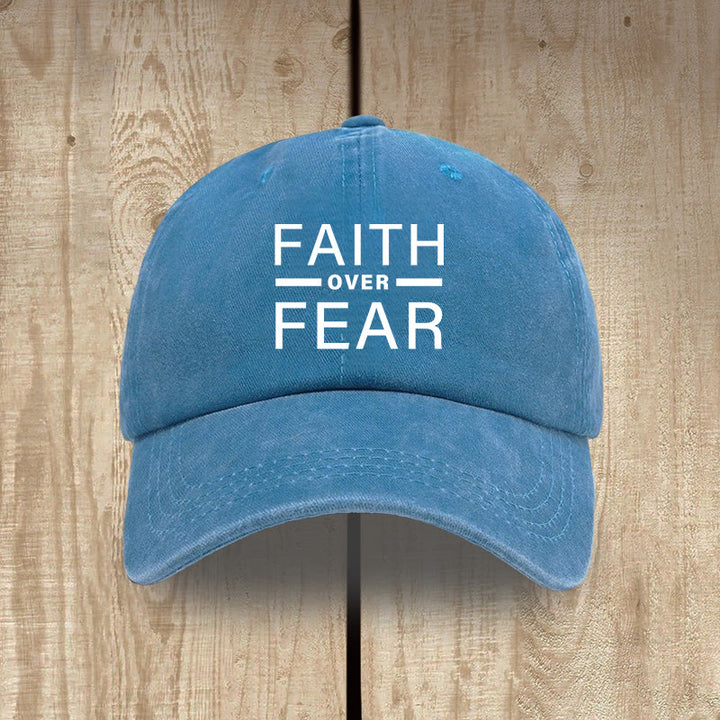 Christianartworkshop Minimalist Bold Statement Faith Over Fear Unisex Distressed Washed Cotton Hat - Lake Blue - image 10