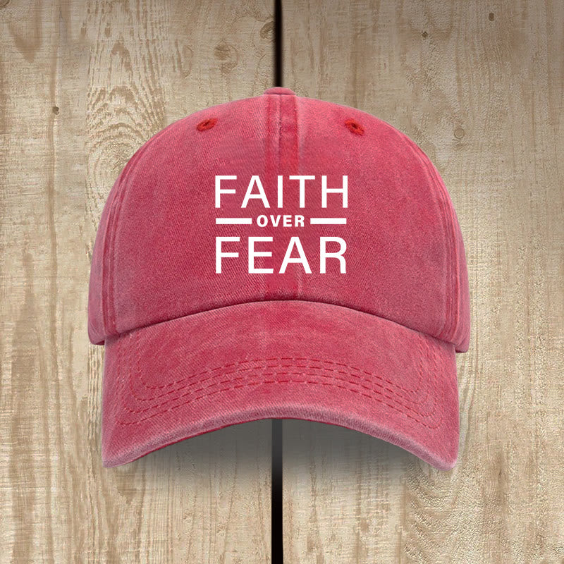 Christianartworkshop Minimalist Bold Statement Faith Over Fear Unisex Distressed Washed Cotton Hat - Red - image 14