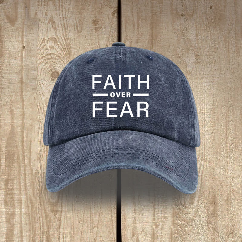 Christianartworkshop Minimalist Bold Statement Faith Over Fear Unisex Distressed Washed Cotton Hat - Navy Blue - image 9