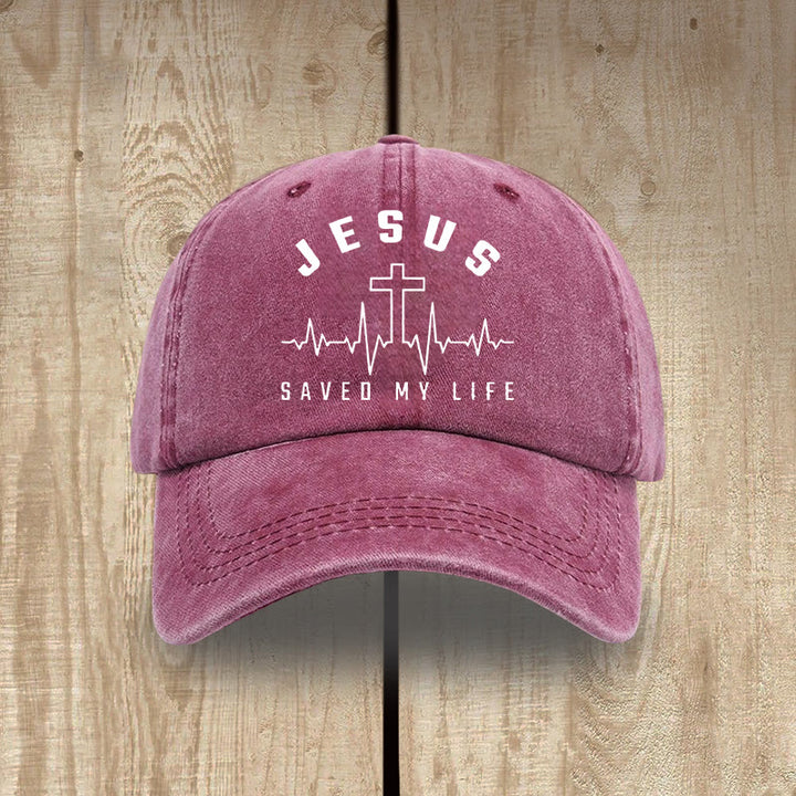 Christianartworkshop Jesus Saved My Life and Heartbeat Graphic Unisex Distressed Washed Cotton Hat - Wine - image 12