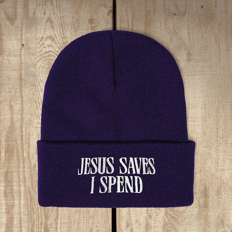 Christianartworkshop Jesus Saves I Spend Humorous Faith Knit Beanie: Faithful Humor for Chilly Days - Navy Blue - image 1