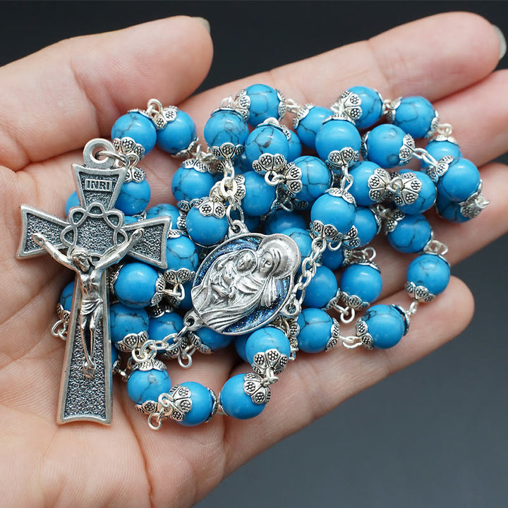 Christianartworkshop Blue Turquoise Christ Prayer Rosary with Mary & Baby Jesus Medal