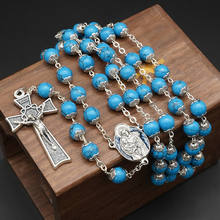 Christianartworkshop Blue Turquoise Christ Prayer Rosary with Mary & Baby Jesus Medal - Blue Turquoise - image 0