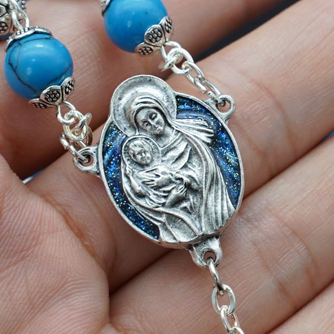 Christianartworkshop Blue Turquoise Christ Prayer Rosary with Mary & Baby Jesus Medal - image 1