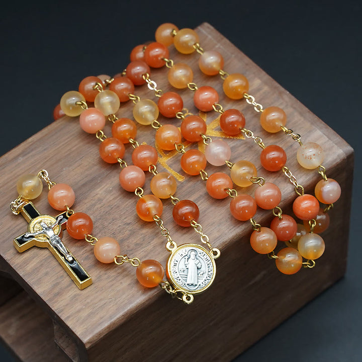 Christianartworkshop Natural Agate Rosary with St. Benedict & Crucifix - Orange Red - image 0