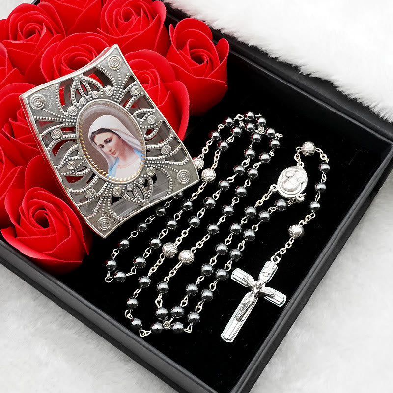 Hematite Rosary with Blessed Virgin Mary Medal - Hematite Beads - image 1
