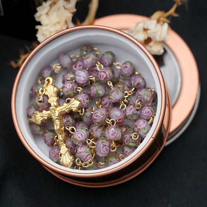 Flower Rose Glazed Beads Rosary with Mary & Crucifix - Grey - image 4