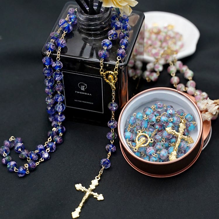 Flower Rose Glazed Beads Rosary with Mary & Crucifix - Blue - image 0