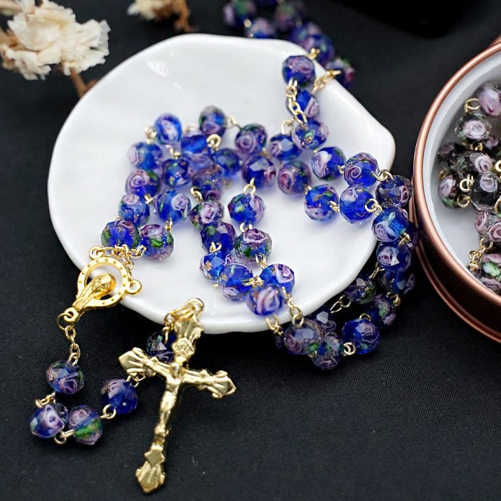 Flower Rose Glazed Beads Rosary with Mary & Crucifix - image 5