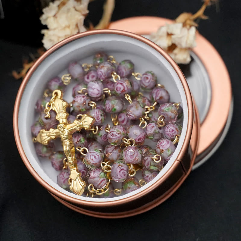 Flower Rose Glazed Beads Rosary with Mary & Crucifix - Grey - image 5