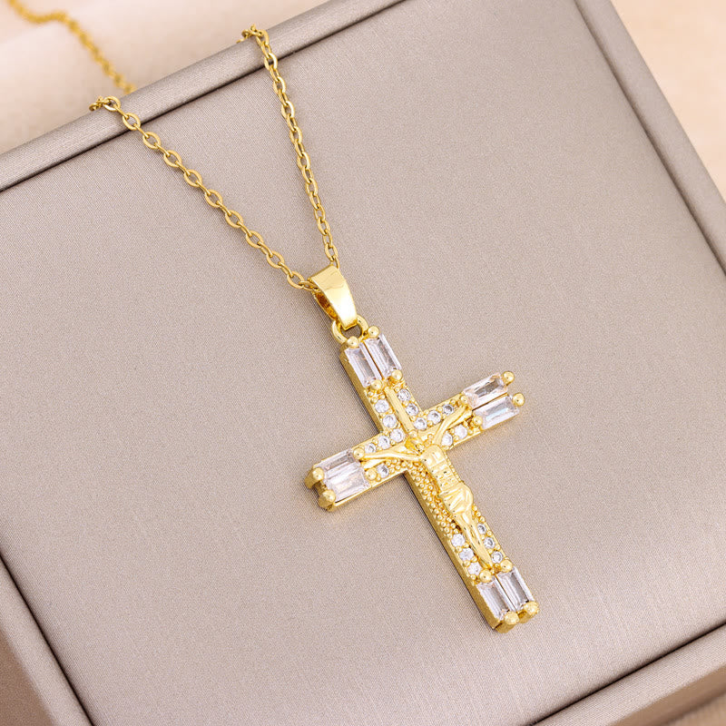 Retro Bohemian Style Colored Zirconia Cross Titanium Steel Necklace - White - image 4