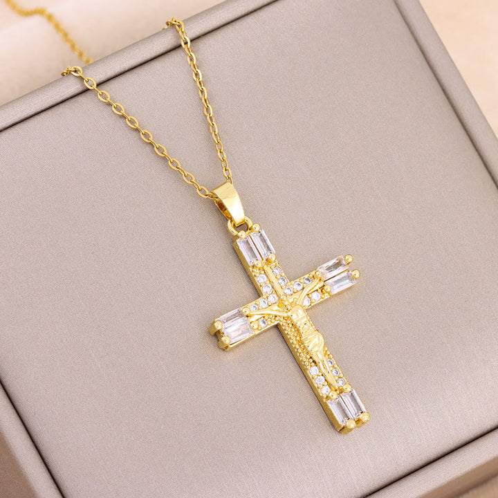 Retro Bohemian Style Colored Zirconia Cross Titanium Steel Necklace - White - image 4