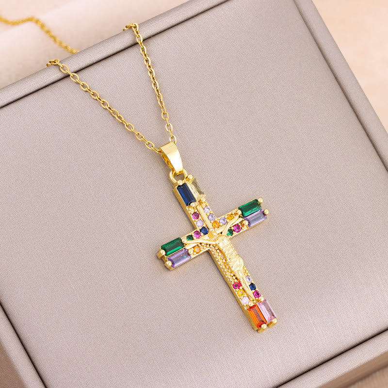 Retro Bohemian Style Colored Zirconia Cross Titanium Steel Necklace - Colorful - image 1
